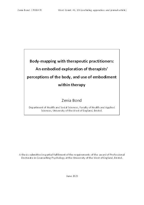 Body-mapping with therapeutic practitioners:  An embodied exploration of therapists’ perceptions of the body, and use of embodiment within therapy Thumbnail
