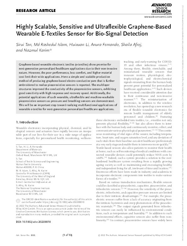 Highly scalable, sensitive and ultraflexible graphene‐based wearable e‐textiles sensor for bio‐signal detection Thumbnail
