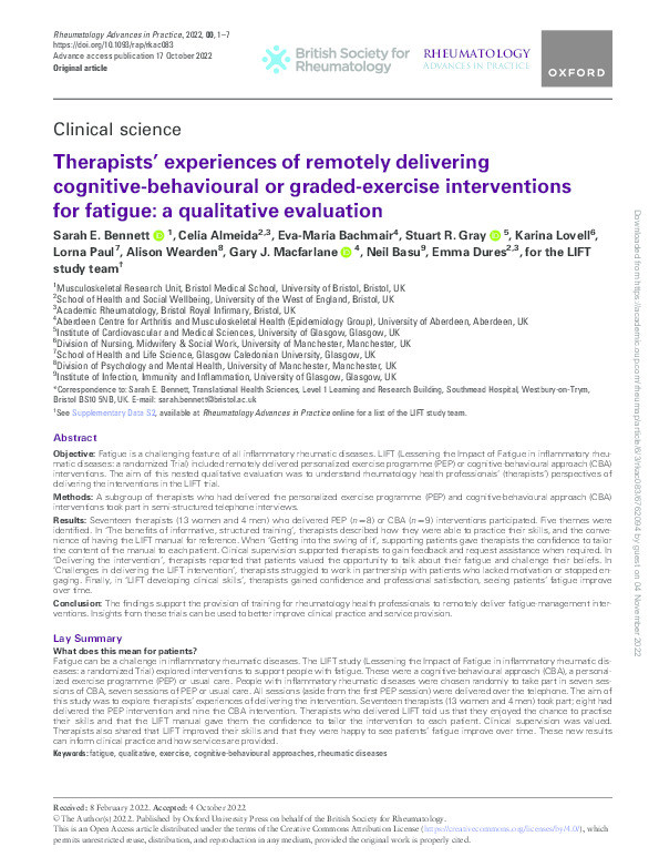 Therapists’ experiences of remotely delivering cognitive-behavioural or graded-exercise interventions for fatigue: A qualitative evaluation Thumbnail