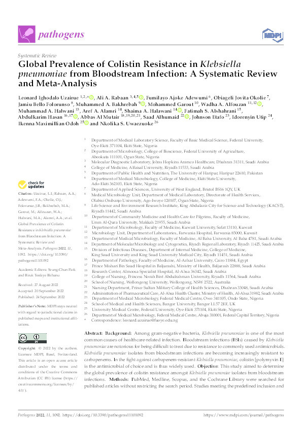 Global prevalence of Colistin resistance in Klebsiella Pneumoniae from bloodstream infection: A systematic review and meta-analysis Thumbnail