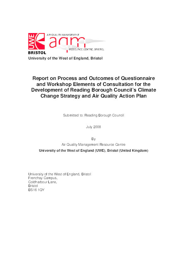 Report on process and outcomes of questionnaire and workshop elements of consultation for the development of Reading Borough Council’s climate change strategy and air quality action plan Thumbnail