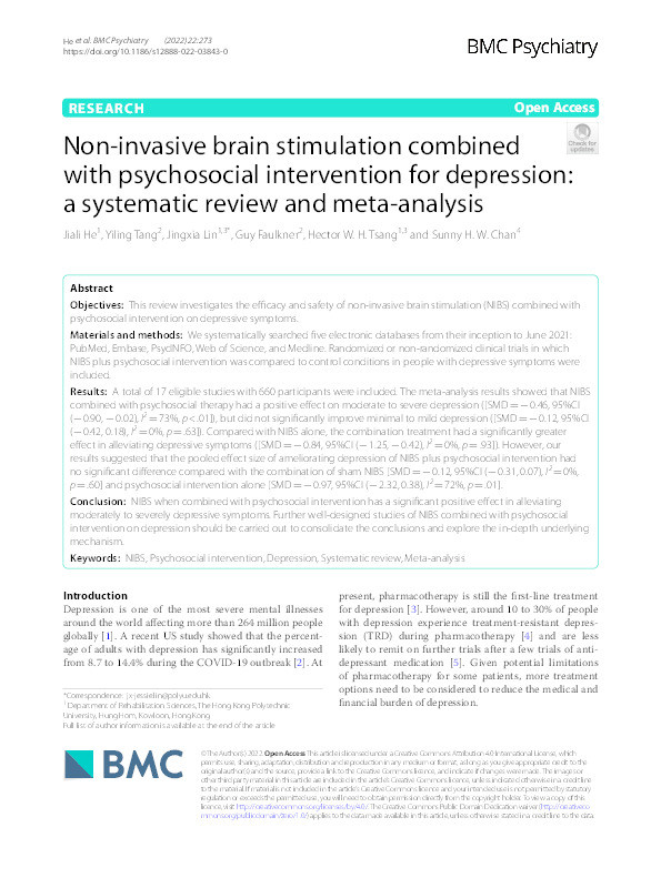 Non-invasive brain stimulation combined with psychosocial intervention for depression: A systematic review and meta-analysis Thumbnail