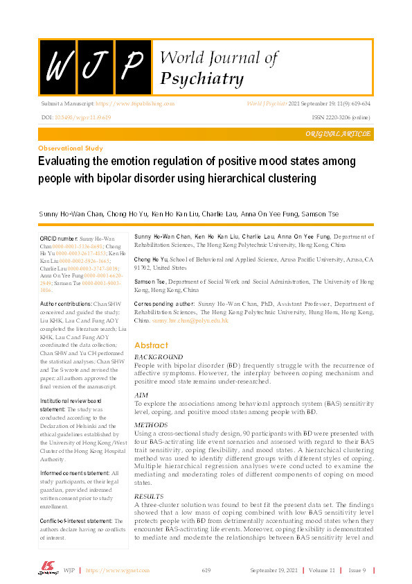 Evaluating the emotion regulation of positive mood states among people with bipolar disorder using hierarchical clustering Thumbnail