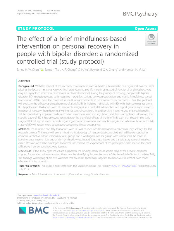 The effect of a brief mindfulness-based intervention on personal recovery in people with bipolar disorder: A randomized controlled trial (study protocol) Thumbnail