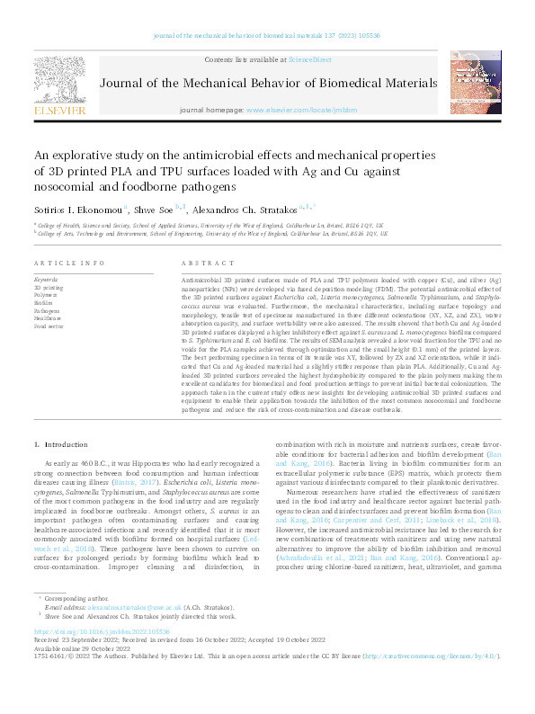 An explorative study on the antimicrobial effects and mechanical properties of 3D printed PLA and TPU surfaces loaded with Ag and Cu against nosocomial and foodborne pathogens Thumbnail