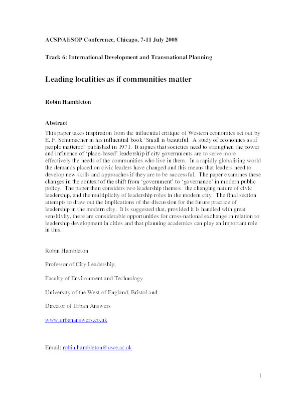 Leading localities as if communities matter Thumbnail