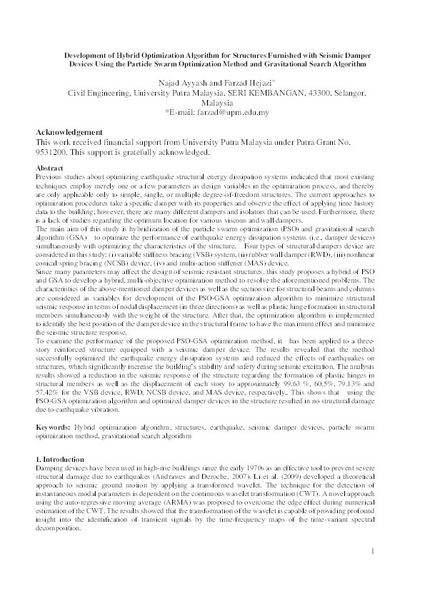 Development of hybrid optimization algorithm for structures furnished with seismic damper devices using the particle swarm optimization method and gravitational search algorithm Thumbnail