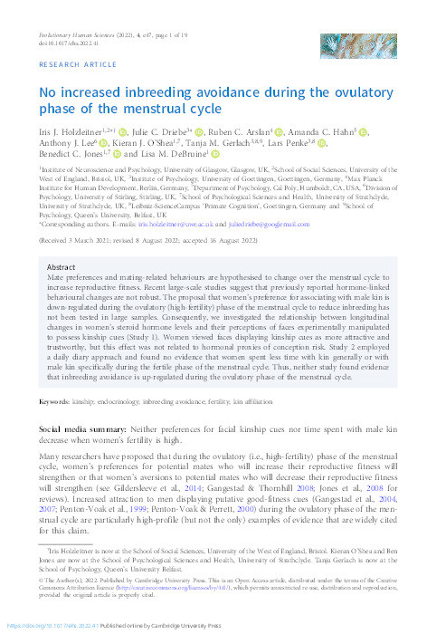No increased inbreeding avoidance during the ovulatory phase of the menstrual cycle Thumbnail