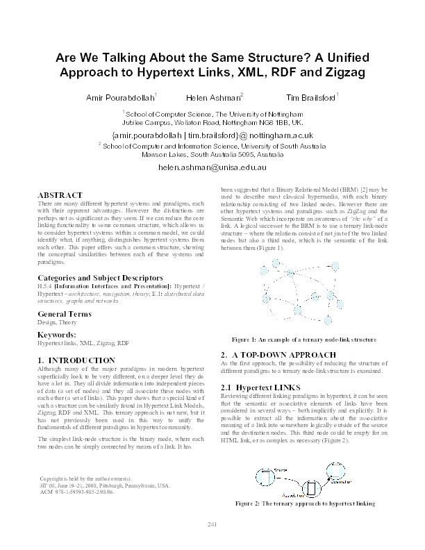 Are we talking about the same structure?: A unified approach to hypertext links, xml, rdf and zigzag Thumbnail