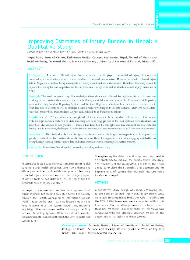 Improving estimates of injury burden in Nepal: A qualitative study Thumbnail