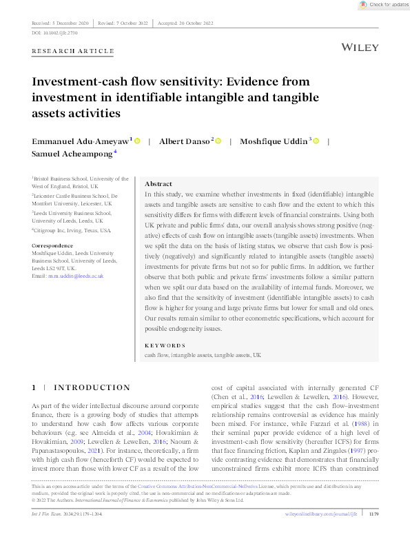 Investment-cash flow sensitivity: Evidence from investment in identifiable intangible and tangible assets activities Thumbnail