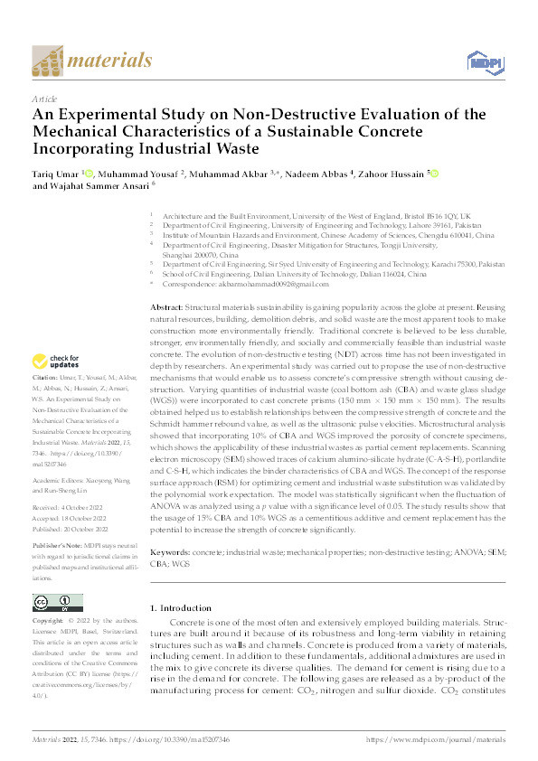 An experimental study on non-destructive evaluation of the mechanical characteristics of a sustainable concrete incorporating industrial waste Thumbnail