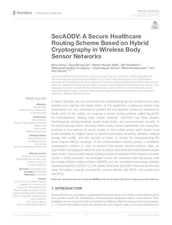 SecAODV: A Secure healthcare routing scheme based on hybrid cryptography in wireless body sensor networks Thumbnail