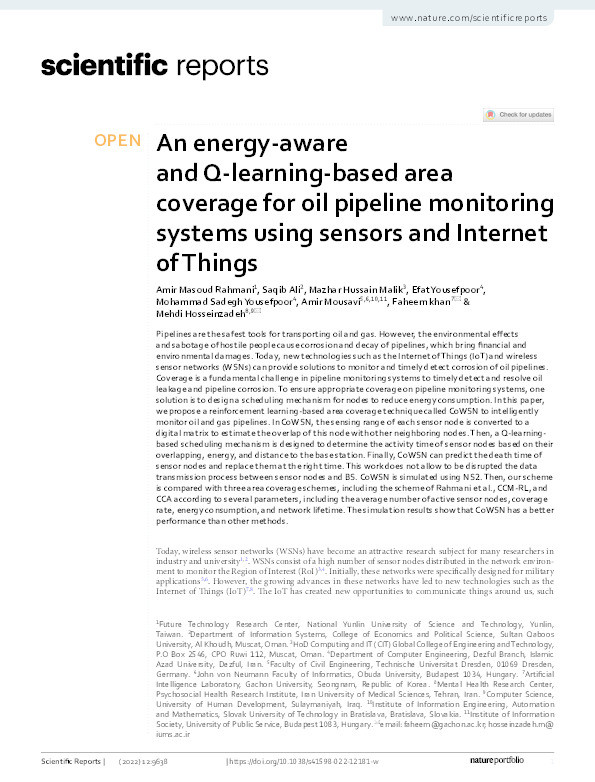 An energy-aware and Q-learning-based area coverage for oil pipeline monitoring systems using sensors and Internet of Things Thumbnail