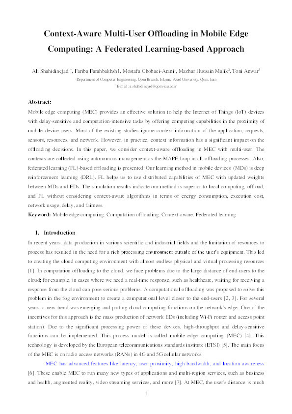 Context-aware multi-user offloading in mobile edge computing: A federated learning-based approach Thumbnail