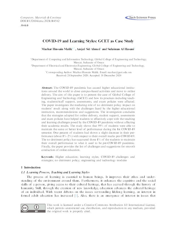 COVID-19 and learning styles: GCET as case study Thumbnail