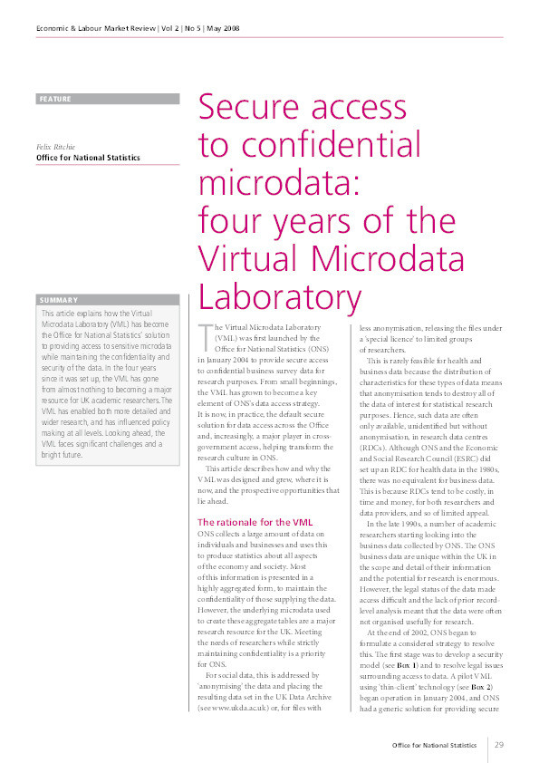 Secure access to confidential microdata: Four years of the virtual microdata laboratory Thumbnail