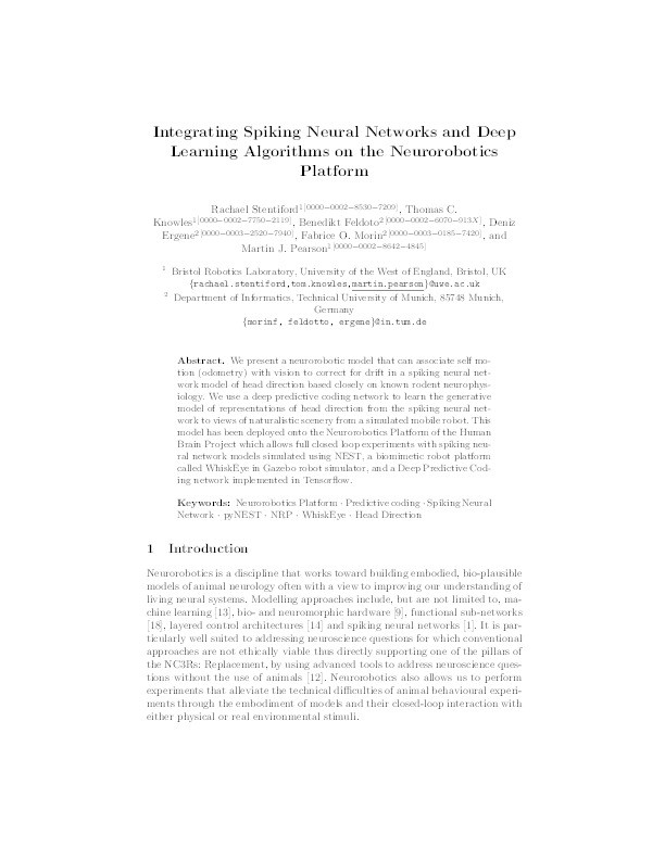 Integrating spiking neural networks and deep learning algorithms on the neurorobotics platform Thumbnail