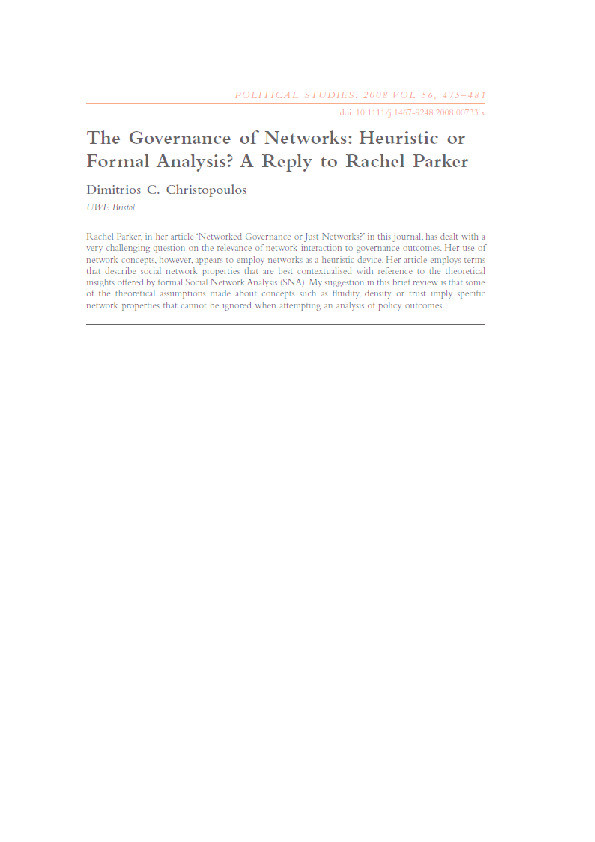 The governance of networks: Heuristic or formal analysis? A reply to Rachel Parker Thumbnail