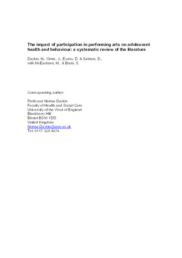 The impact of participation in performing arts on adolescent health and behaviour: A systematic review of the literature Thumbnail