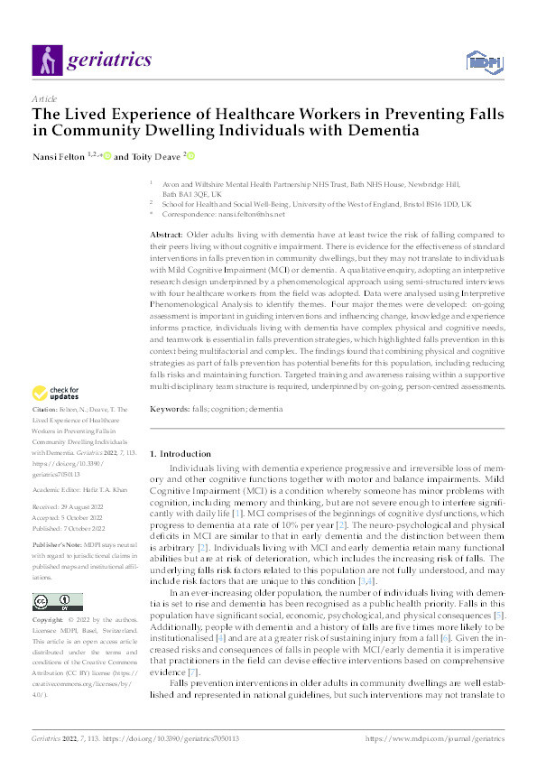 The lived experience of healthcare workers in preventing falls in community dwelling individuals with dementia Thumbnail