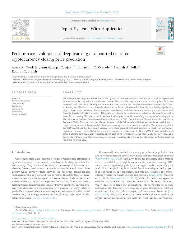 Performance evaluation of deep learning and boosted trees for cryptocurrency closing price prediction Thumbnail