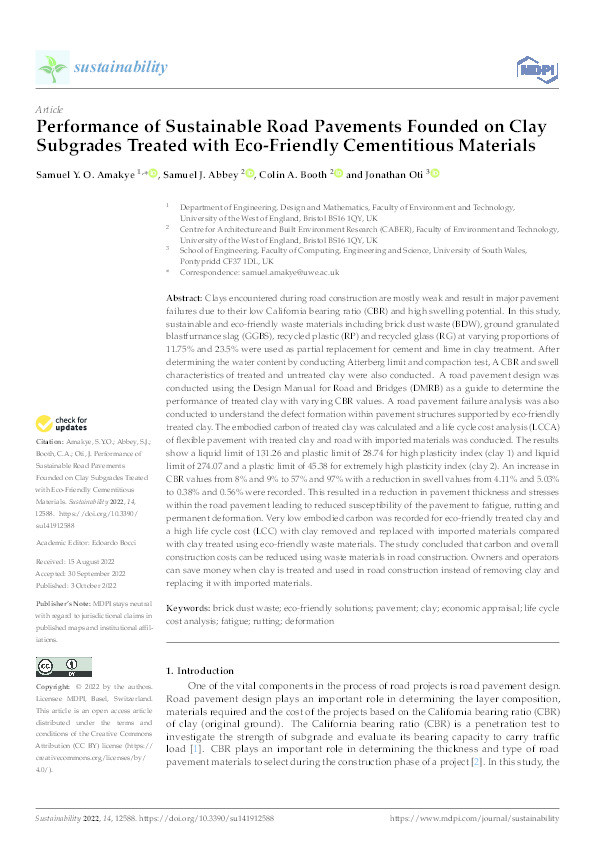 Performance of sustainable road pavements founded on clay subgrades treated with eco-friendly cementitious materials Thumbnail