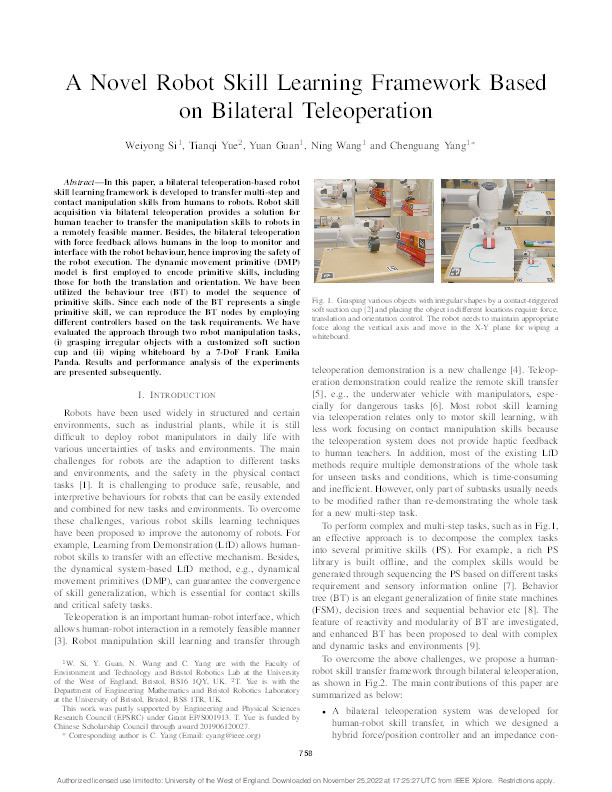 A novel robot skill learning framework based on bilateral teleoperation Thumbnail