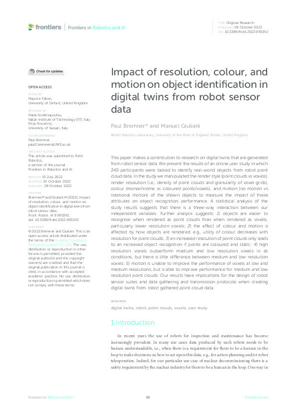 Impact of resolution, colour, and motion on object identification in digital twins from robot sensor data Thumbnail