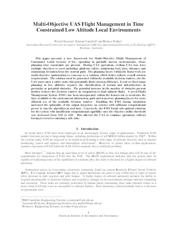 Multi-Objective UAS Flight Management in Time Constrained Low Altitude Local Environments Thumbnail