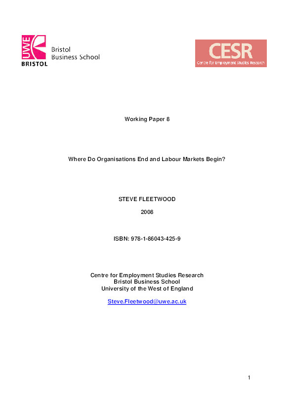 Working Paper 8. Where do organisations end and labour markets begin? Thumbnail