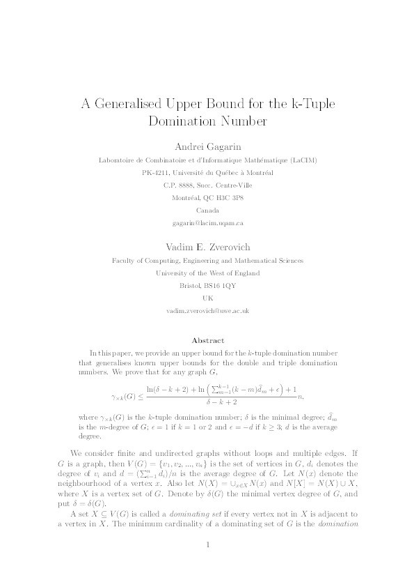 A generalised upper bound for the k-tuple domination number Thumbnail