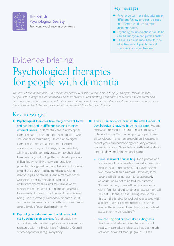 Evidence briefing: Psychological therapies with people with dementia Thumbnail