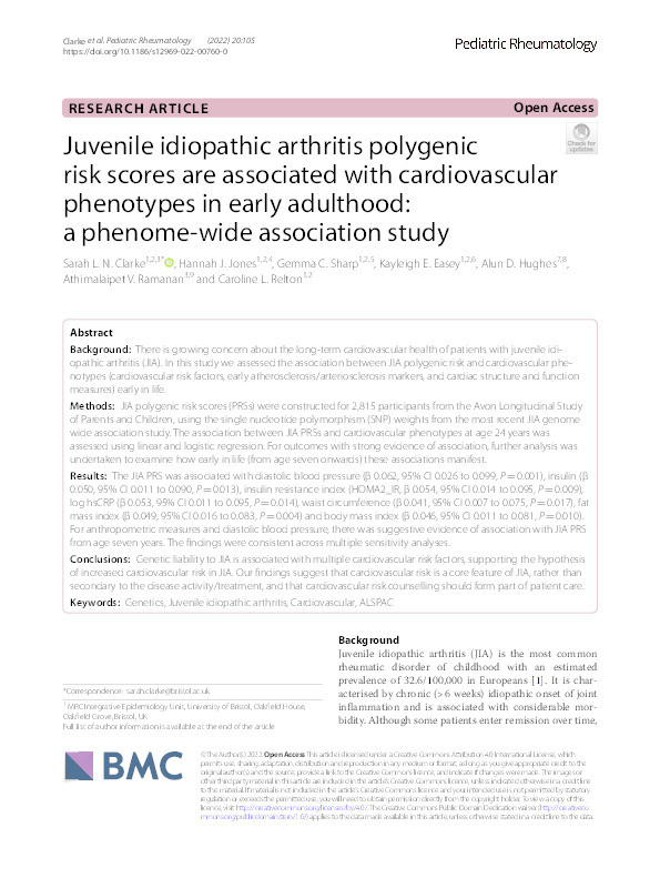 Juvenile idiopathic arthritis polygenic risk scores are associated with cardiovascular phenotypes in early adulthood: A phenome-wide association study Thumbnail