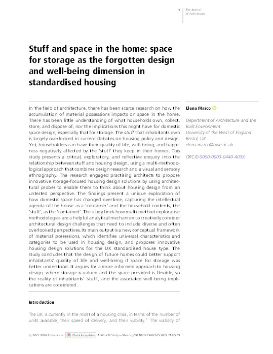 Stuff and space in the home: Space for storage as the forgotten design and well-being dimension in standardised housing Thumbnail