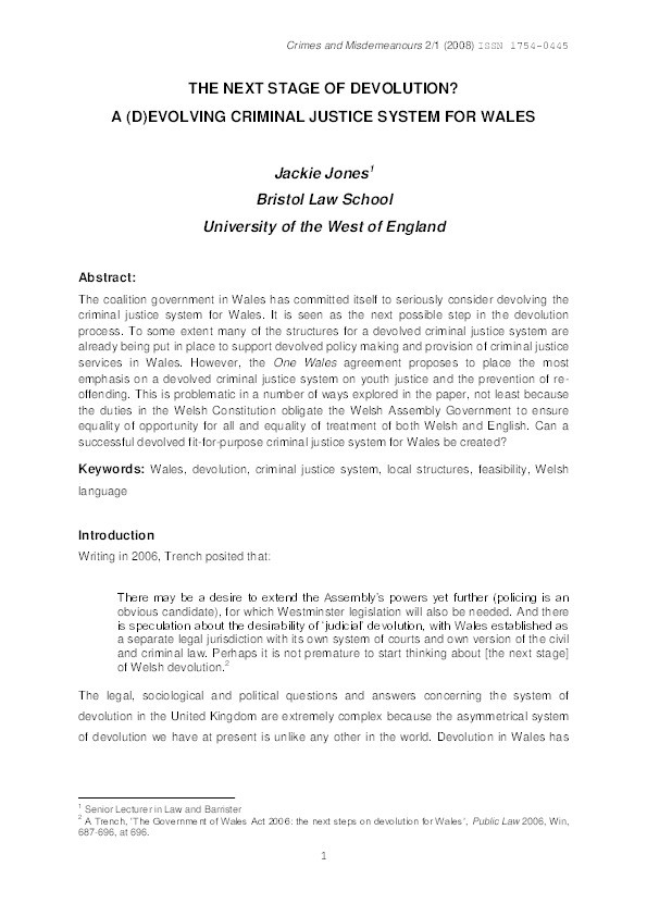 The next stage of devolution? A (d)evolving criminal justice system for Wales? Thumbnail