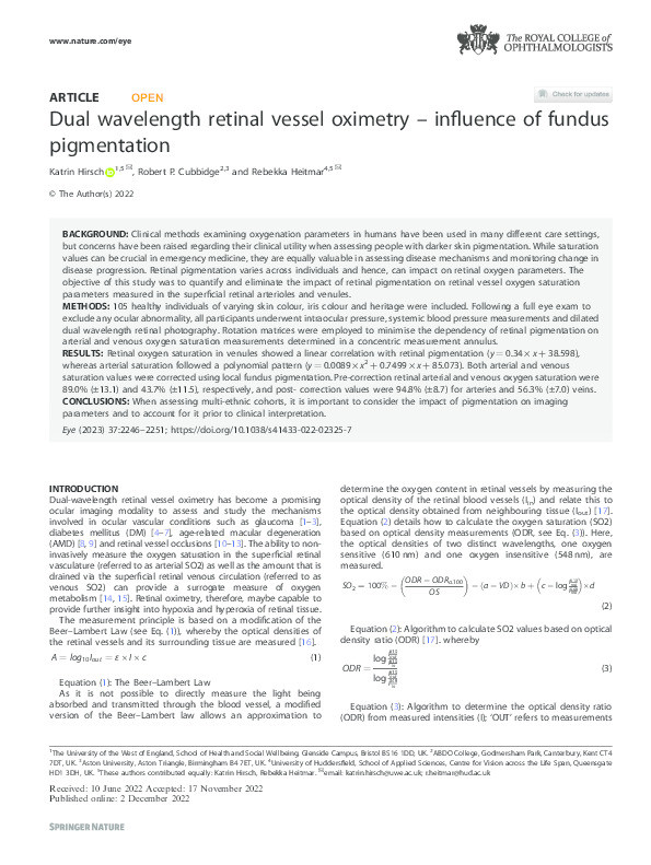 Dual wavelength retinal vessel oximetry – influence of fundus pigmentation Thumbnail