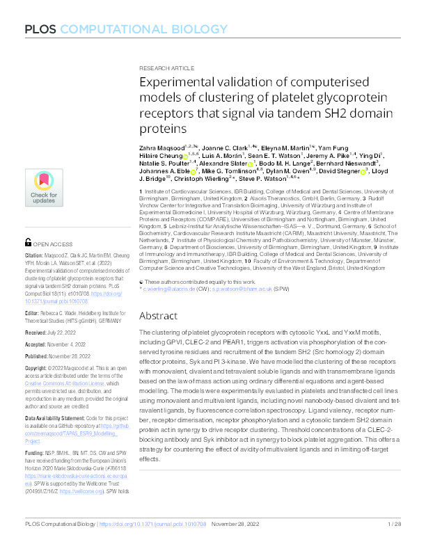 Experimental validation of computerised models of clustering of platelet glycoprotein receptors that signal via tandem SH2 domain proteins Thumbnail