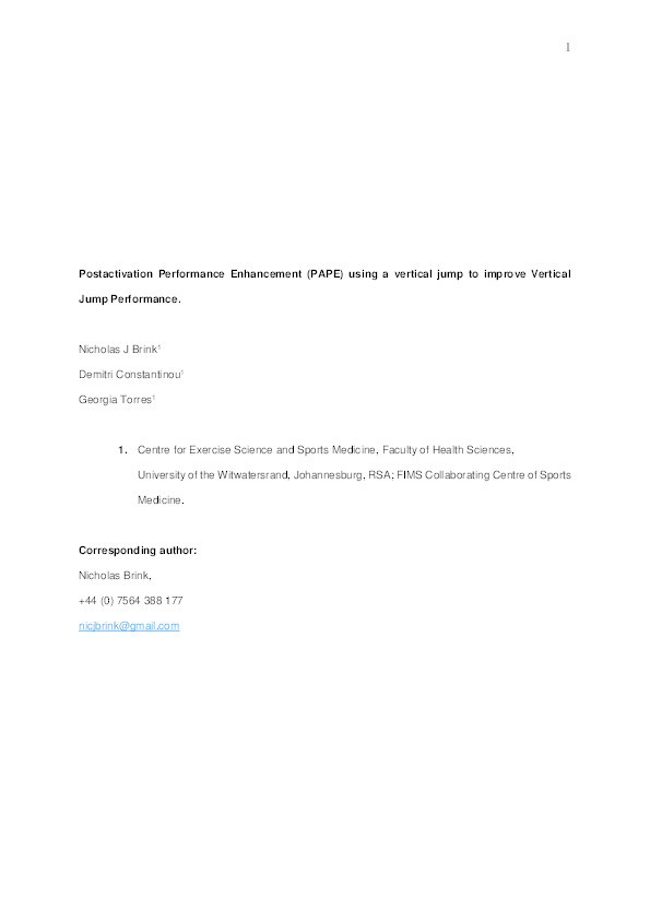 Postactivation performance enhancement (PAPE) using a vertical jump to improve vertical jump performance Thumbnail