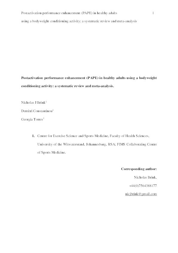 Postactivation performance enhancement (PAPE) in healthy adults using a bodyweight conditioning activity: A systematic review and meta-analysis Thumbnail