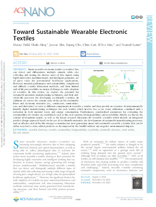 Toward sustainable wearable electronic textiles Thumbnail
