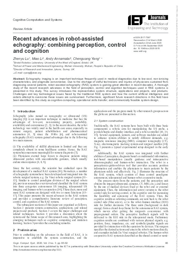 Recent advances in robot-assisted echography: Combining perception, control and cognition Thumbnail