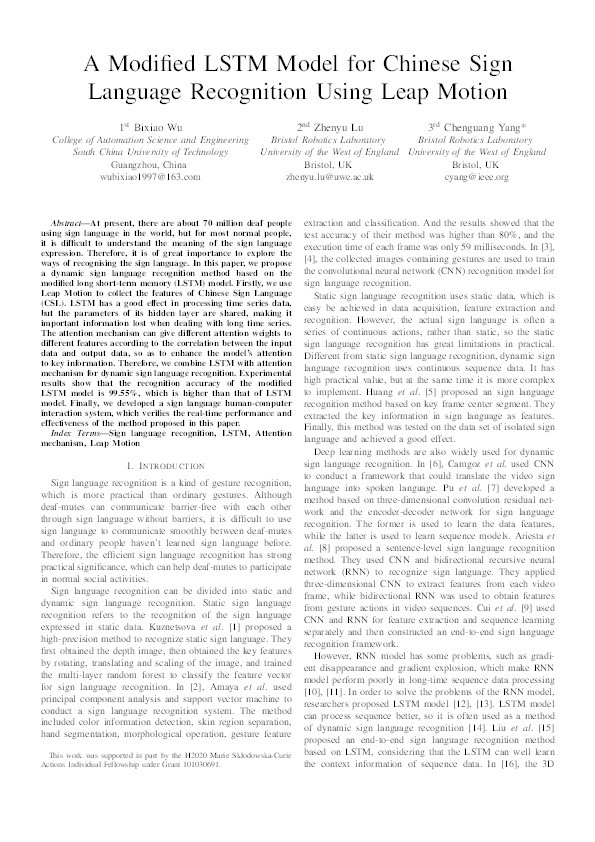 A modified LSTM model for Chinese sign language recognition using leap motion Thumbnail