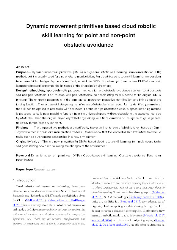 Dynamic movement primitives based cloud robotic skill learning for point and non-point obstacle avoidance Thumbnail