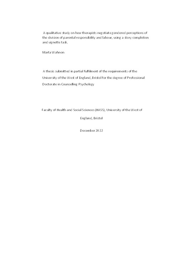 A qualitative study on how therapists negotiate gendered perceptions of the division of parental responsibility and labour, using a story completion and vignette task Thumbnail