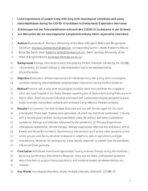 Experiences of people living with long-term neurological conditions and using telerehabilitation during the COVID-19 lockdown in Switzerland: explorative interviews Thumbnail