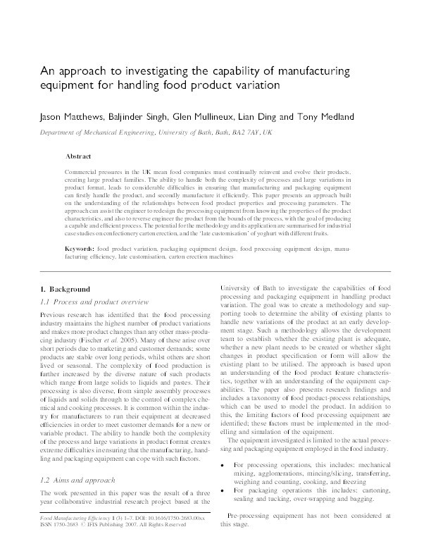 An approach to investigating the capability of manufacturing equipment for handling food product variation Thumbnail
