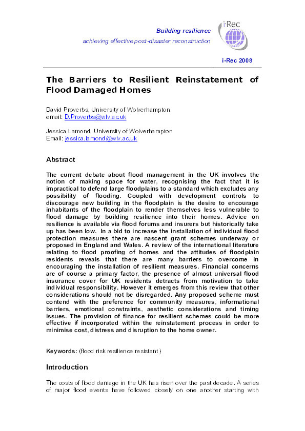 The barriers to resilient reinstatement of flood damaged homes Thumbnail
