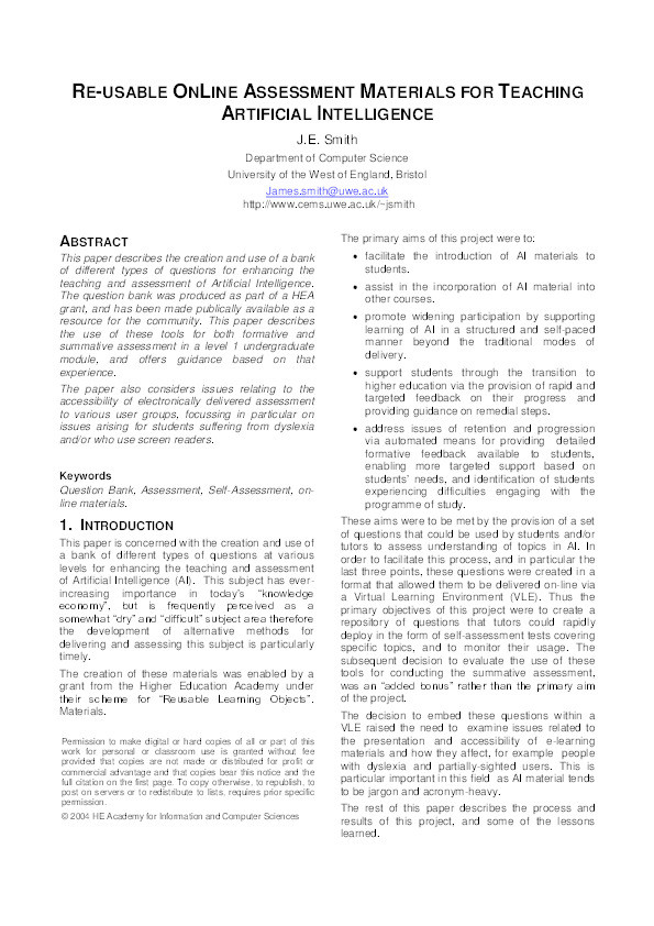 Re-usable online assessment materials for teaching artificial intelligence Thumbnail