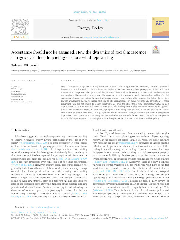 Acceptance should not be assumed. How the dynamics of social acceptance changes over time, impacting onshore wind repowering Thumbnail